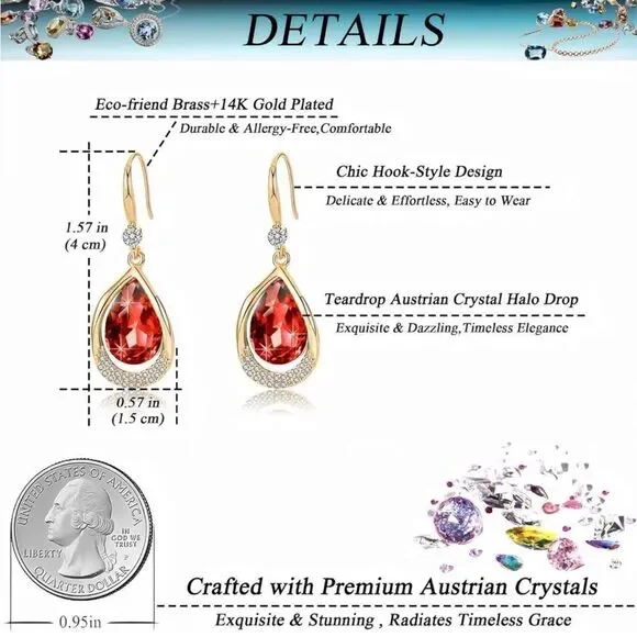 14K Yellow Gold and Ruby Red Austrian Crystal Teardrop Halo Drop Hook Earrings